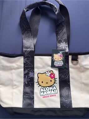 Hello Kitty Aloha Hawaii Canvas Tote Bag in Cream and Black with Pink Accent